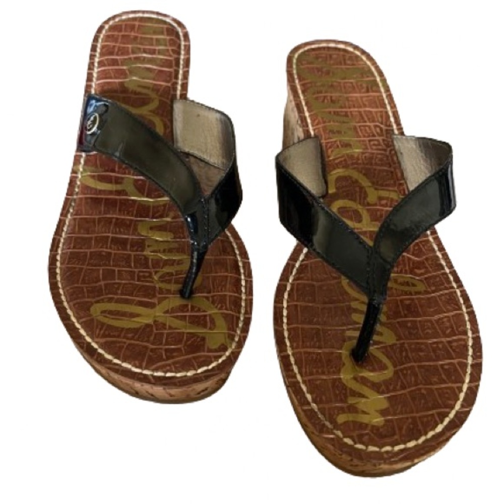 Sam Edelman Romy Cork Wedge Black Patent Open Sandals  Size 9.5